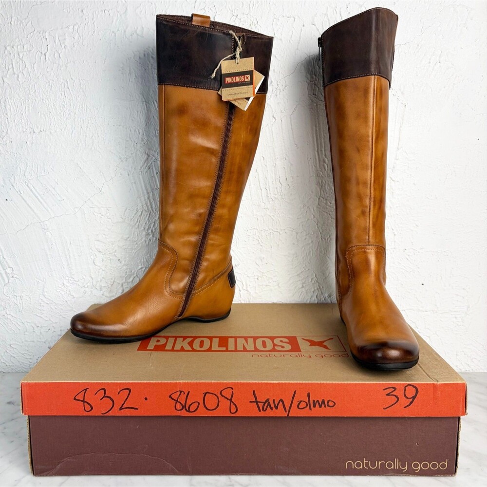 Pikolinos Riding Boots Women's 8.5/39 Knee High Tan/Dark Brown Leather Side Zip